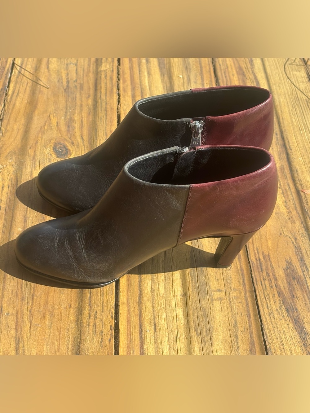 See By Chloé Two-Tone Black and Burgundy Leather Ankle Booties